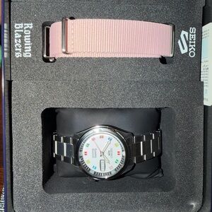 Seiko Stainless Steel Watch with Pink Nylon Strap and Colorful Markers